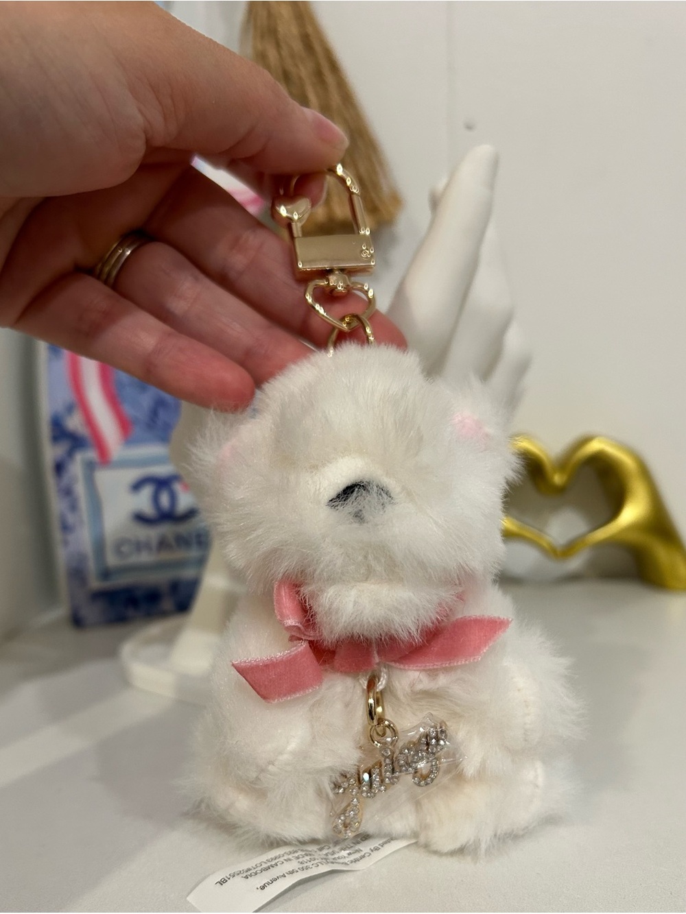 Juicy Couture White Plush Bear Keychain with Pink Bow & Gold Hardware